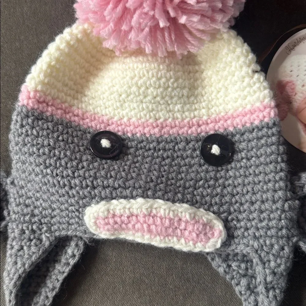 Daisy Baby Sock Monkey Beanie Hat Gray with Pink Pom 6-12 months Photography NEW
